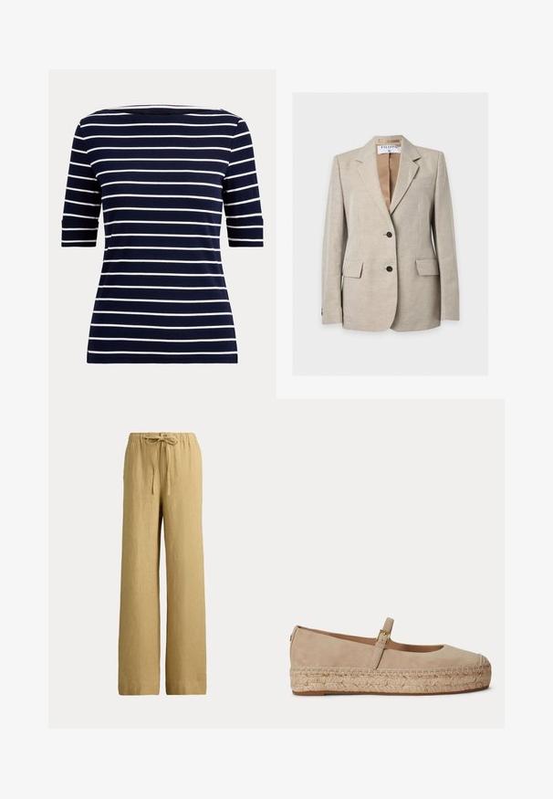 Lyse beige skræddersyet blazer med to forreste knapper, hakkede reverser, klaplommer og et synligt mærke indvendigt i kraven.; Marineblå skjorte med hvide vandrette striber og albuelange ærmer, vist på en ensfarvet lys baggrund.; Beige vidde linnedbukser med elastisk talje og snøre foran.; Beige ruskind Mary Jane flad sko med flettet jute platformsål og en lille guldbøjle på remmen.