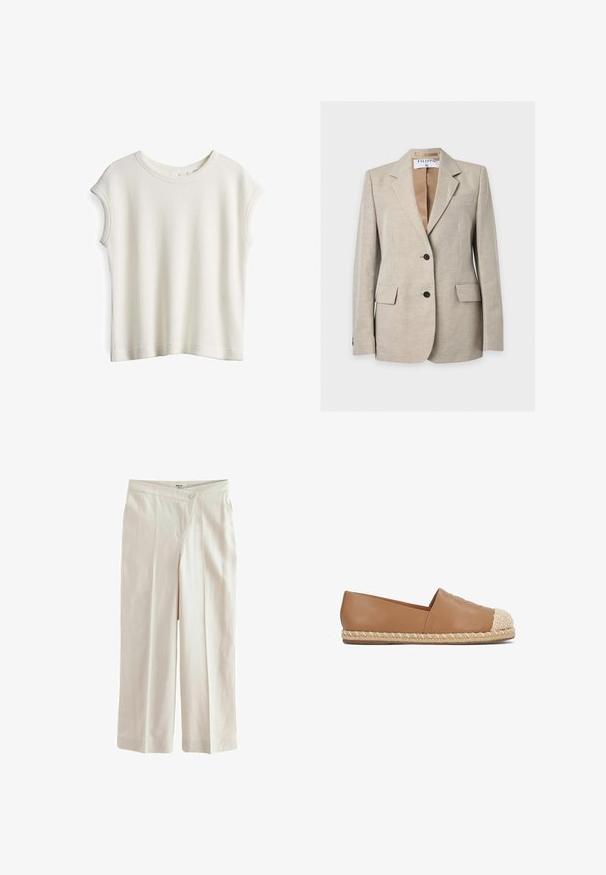 Hellbeiger, maßgeschneiderter Blazer mit zwei vorderen Knöpfen, Kerben-Revers, Pattentaschen und sichtbarem Markenlabel innen am Kragen.; Kurzärmliges, weißes Strickoberteil mit strukturiertem Muster, runder Ausschnitt und lockerer Passform. Gerader Saum mit minimalen Nähdetails.; Next ASYMETRIC WAITBAND TAILORED WIDE LEG - Stoffhose - neutral; Hellbrauner Slipper aus Leder mit einer Zehenkappe aus geflochtenem Jute und geflochtenem Profil. Glatte Textur mit runder Form und minimalen Designdetails.