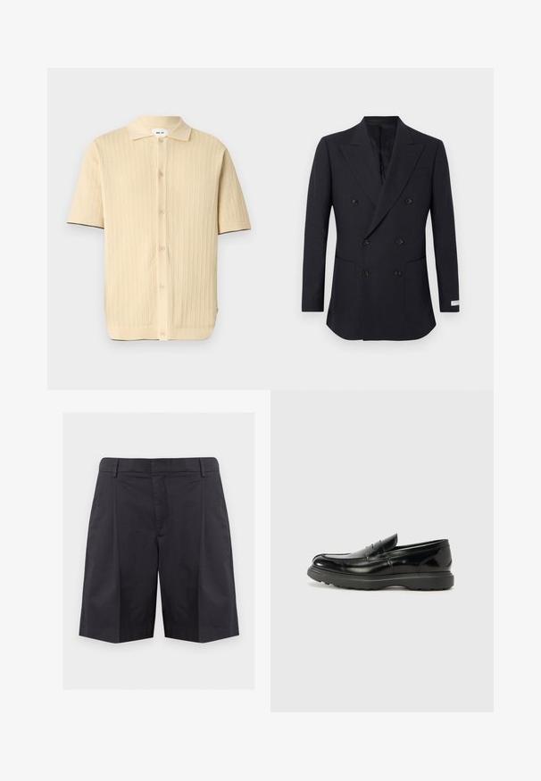 Blazer noir à double boutonnage avec revers crantés, six boutons, deux poches avant et une petite étiquette sur la manche inférieure.; Polo en maille beige à manches courtes avec patte de boutonnage devant et motifs verticaux subtils, avec col et bordure noire sur les bords des manches.; Shorts noirs ajustés longueur genou avec passants de ceinture et plis avant sur un fond gris clair uni.; Mocassin en cuir noir avec une finition brillante, bout arrondi, détails de couture subtils et semelle en caoutchouc épaisse pour la durabilité.