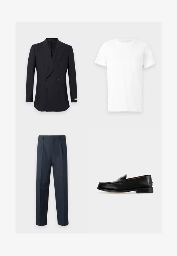 Blazer noir à double boutonnage avec revers crantés, six boutons, deux poches avant et une petite étiquette sur la manche inférieure.; T-shirt en coton blanc uni à manches courtes avec col rond, présenté à plat sur un fond gris clair.; Pantalon droit bleu marine avec passants de ceinture, fermeture éclair devant et détails plissés le long de la taille.; Mocassin homme en cuir noir avec un petit talon et une couture de style mocassin sur l'avant, vu de côté sur un fond uni.