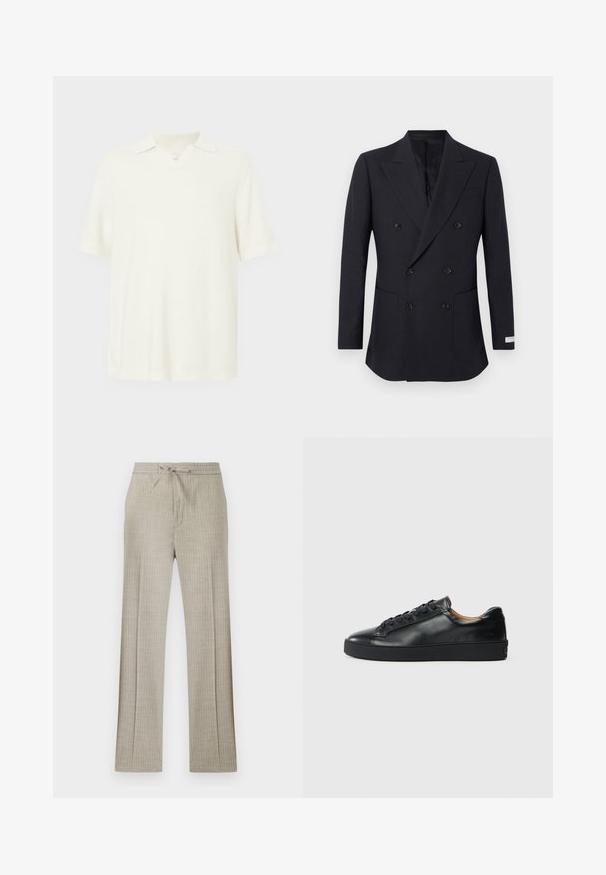Blazer negro de doble botonadura con solapas de muesca, seis botones, dos bolsillos delanteros y una pequeña etiqueta en la parte baja de la manga.; Polo de manga corta, color crema claro, hecho de un tejido texturizado, que cuenta con un escote en V y un diseño de cuello clásico.; Pantalones beige de mezcla de lino con sutiles rayas blancas, cintura con cordón y piernas rectas.; Zapatilla negra de cuero con una textura suave, puntera redonda y cierre de cordones. Presenta una suela de goma gruesa y un detalle de marca mínimo.