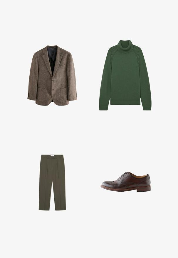 Bruine houndstooth blazer, gestructureerde stof, twee voorzakken, sluiting met één knoop, notch-revers, zwarte binnenvoering.; Groene, chunky gebreide trui met een hoge geribbelde col en geribbelde manchetten. Heeft brede raglanmouwen en een ontspannen pasvorm.; Olijfgroene broek met verticale krijtstrepen, voorzien van een op maat gemaakte taille, plooien en een rechte pijp. Gladde textuur.; Donkerbruine leren wingtip brogue schoen met geperforeerde details en veters, getoond vanaf de buitenzijde op een witte achtergrond.