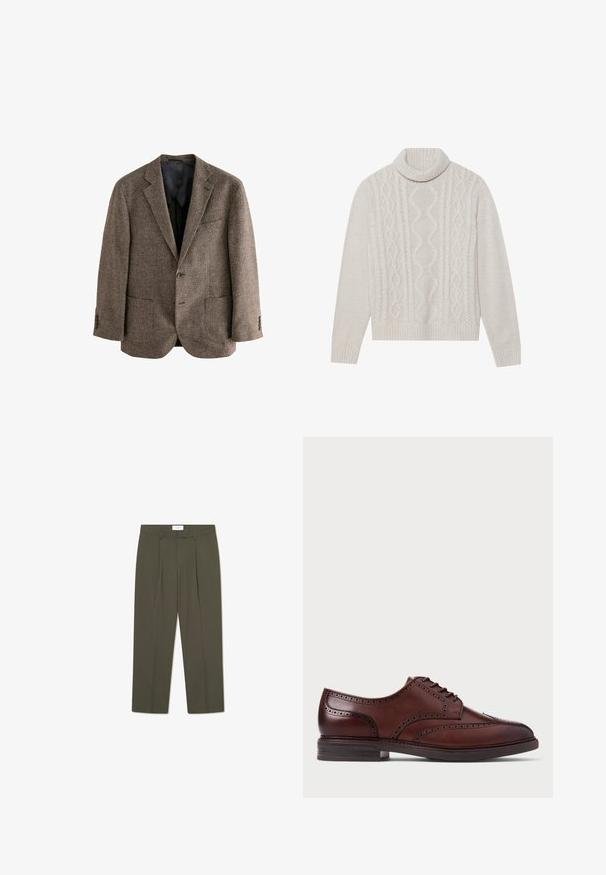 Braune Hahnentrittmuster-Jacke, strukturierter Stoff, zwei Fronttaschen, einknöpfiger Verschluss, schmaler Reverskragen, schwarze Innenauskleidung.; Cremfarbener Kabelstrickpullover mit hohem geripptem Kragen, der ein strukturiertes Muster sowie gerippte Bündchen und Saum aufweist. Weiche Wollmischung.; Olivgrüne Hose mit vertikalen Nadelstreifen, tailliertem Bund, Falten und geradem Bein. Glatte Textur.; Braune Leder-Brogue-Schuhe mit Flügelspitze, durchbrochenen Details und dunkler Sohle, seitlich auf weißem Hintergrund abgebildet.