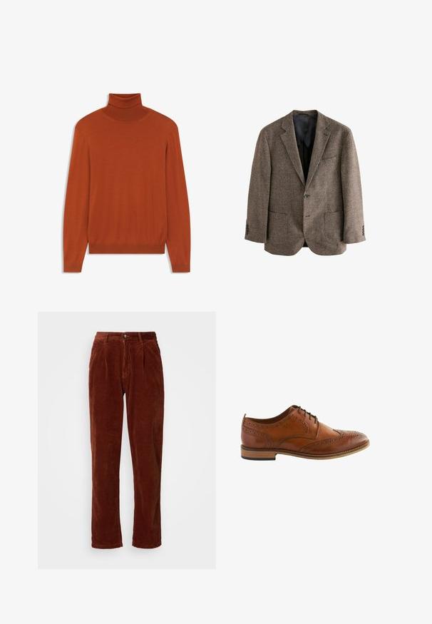 Braune Hahnentrittmuster-Jacke, strukturierter Stoff, zwei Fronttaschen, einknöpfiger Verschluss, schmaler Reverskragen, schwarze Innenauskleidung.; Rostfarbener Rollkragenpullover aus weichem Material. Figurbetontes Design mit langen Ärmeln und geripptem Kragen sowie Saum. Glatte Textur im gesamten Pulli.; Cordhosen in einer satten Brauntönung; mit einer gefalteten Vorderseite, geraden Beinen und einem Knopfverschluss am Bund.; Brauner Herren-Brogue-Oxford-Schuh aus Leder mit Flügelspitzenperforationen und schwarzen Schnürsenkeln, Holzsohle und niedrigem Absatz.