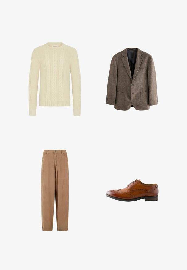 Brun houndstooth blazer, struktureret stof, to frontlommer, enkelt knaplukning, notched lapels, sort indvendig foer.; Blend BHBASIM - Striktrøje - oyster gray; Kamelsnore bukser i lys brun med lige ben-design, med knaplukning og sidelommer, struktureret ribbet overflade.; Brun læder herres brogue fest sko med vingetip perforering og sorte snørebånd, vist fra ydersiden.