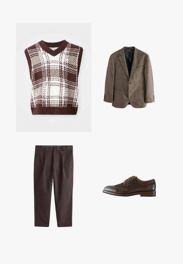 Bruine houndstooth blazer, gestructureerde stof, twee voorzakken, sluiting met één knoop, notch-revers, zwarte binnenvoering.; Bruine en crèmekleurige geblokte gebreide mouwloze trui met een V-halsontwerp en geribbelde rand, voorzien van verschillende ruitpatronen en texturen.; Bruine herenkleedbroek met een subtiel ruitpatroon, knoopsluiting, zijzakken en riemlussen, plat gelegd op een witte achtergrond.; Donkerbruine leren wingtip brogue schoen met decoratieve perforaties, vetersluiting en houten zool met gelaagde hak.