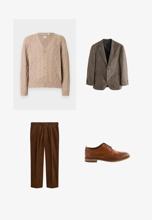 Hnedý houndstooth blazer, textúrovaná tkanina, dve predné vrecká, uzatváranie na jeden gombík, klopové reverzy, čierna podšívka.; Béžový kabelkový sveter na zapínanie s výstrihom do V, so šiestimi gombíkmi vpredu a rebrovanými manžetami a lemom.; Hnedé kordové nohavice s záhybmi, bočnými vreckami, pútkami na opasok a zapínaním na gombík v páse, zobrazené naplocho na bielom pozadí.; Pánska hnedá kožená brogue Oxford topánka s krídlovými dierkami a čiernymi šnúrkami, drevenou podrážkou a nízkym opätkom.