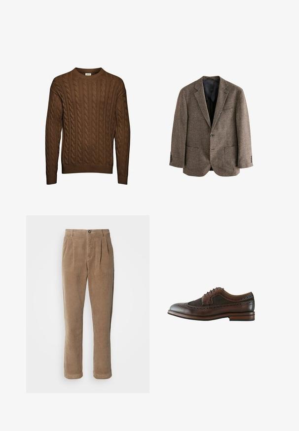 Blazer en vichy marron, tissu texturé, deux poches avant, fermeture à un bouton, revers crantés, doublure intérieure noire.; Pull marron en maille torsadée avec manches longues, poignets et ourlet côtelés, et col rond, présenté sur fond blanc uni.; Pantalons en velours côtelé marron à taille haute, avec des plis à l'avant, une fermeture à bouton et des jambes droites. Le tissu texturé est visible.; Chaussure brogue à bout wingtip en cuir marron foncé avec perforations décoratives, fermeture à lacets et semelle en bois avec talon superposé.