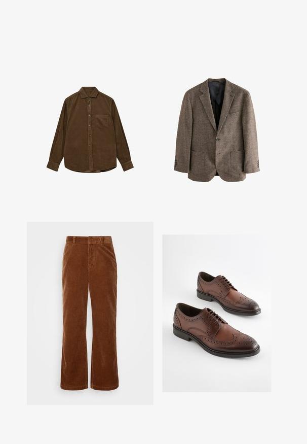 Brun houndstooth blazer, struktureret stof, to frontlommer, enkelt knaplukning, notched lapels, sort indvendig foer.; Brun kordfløjls skjorte med lange ærmer, knap-ned krave, frontlomme og struktureret ribbet overflade. Har sølvfarvede knapper.; Brune fløjl bukser med et bredbenet design, der har vertikalt ribbet tekstur, en knaplukning og standard bælteløkker.; Brune læder brogue pent sko med perforerede detaljer og sorte såler, vist side om side på en hvid baggrund.