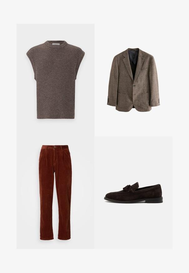 Pruun houndstooth säär, tekstuuriga kangas, kaks esimest taskut, üksainus nööp, lõigatud krae, must sisekate.; Pruunist kudumist ilma varrukateta topp, millel on soonikuline tekstuur, kõrge kaelus ja külgmised lõhikud. Omab kitsast äärt ja pehmet kangast.; Kohvri värvi korduro püksid; esiküljel on volt ja sirged sääred, ning vööl on nupuga sulgemine.; Tumepruun meeste mokassiin seemisnahast, lõngakuhilate, õmmeldud detailide ja madala kontsaga, külgvaates ühevärvilise taustal.