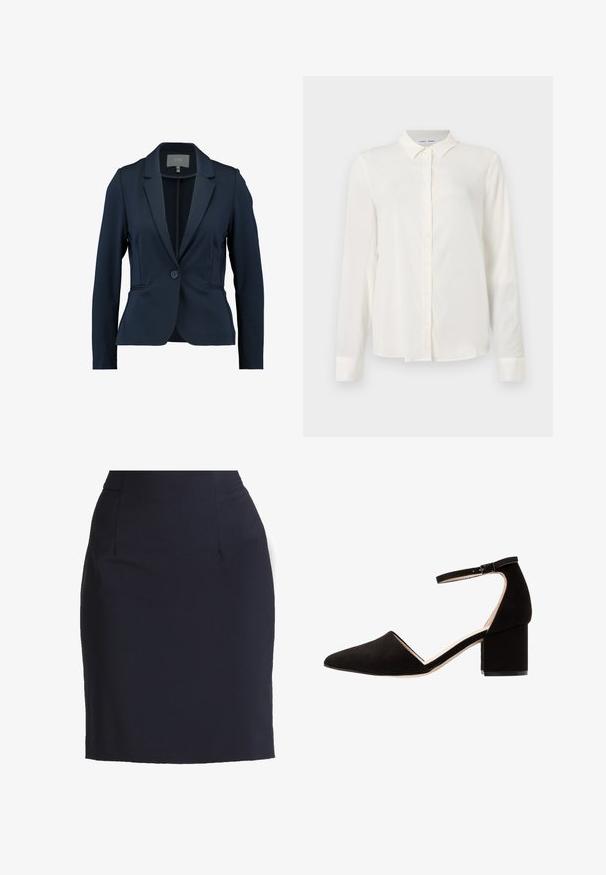 Marineblauwe blazer van gladde stof, met een enkele knoopsluiting, gekartelde revers en twee voorkezen. Gepaste maat.; Witte blouse met lange mouwen, gemaakt van een gladde stof, met een knoopsluiting aan de voorkant en een klassieke kraag, en een iets afgeronde zoom en manchetten.; Marineblauwe kokerrok van een soepele stof met een aansluitende silhouet, voorzien van voorzakken en subtiele naden voor een gestructureerde look.; Zwarte suède blokhak schoenen met puntige neus en enkelbandje; heeft een gladde textuur en een minimalistisch ontwerp.