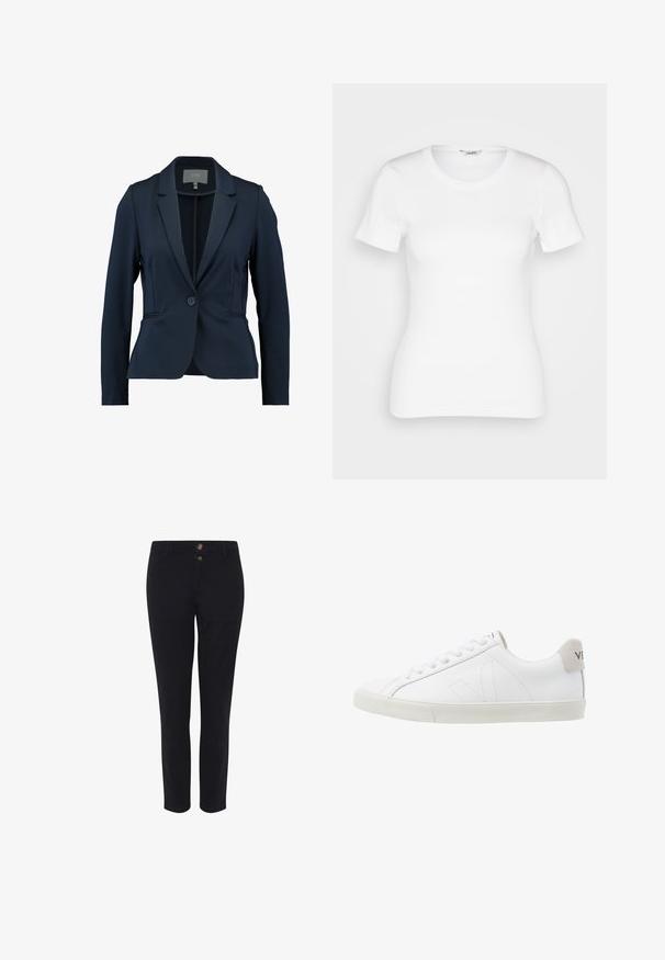 Marineblauwe blazer van gladde stof, met een enkele knoopsluiting, gekartelde revers en twee voorkezen. Gepaste maat.; Witte katoenen T-shirt met korte mouwen, ronde halslijn en ribbelstructuur. Strakke pasvorm met een gladde, schone afwerking.; Zwarte op maat gemaakte broek van een katoenmix, met twee knopen aan de voorkant, een rechte snit en een gladde textuur. Geen zichtbare patronen.; Witte leren sneakers met een getextureerde lichtgrijze rubberen zool. Kenmerken zijn onder meer veters, subtiele stiksels en een grijze suède hielaccent.