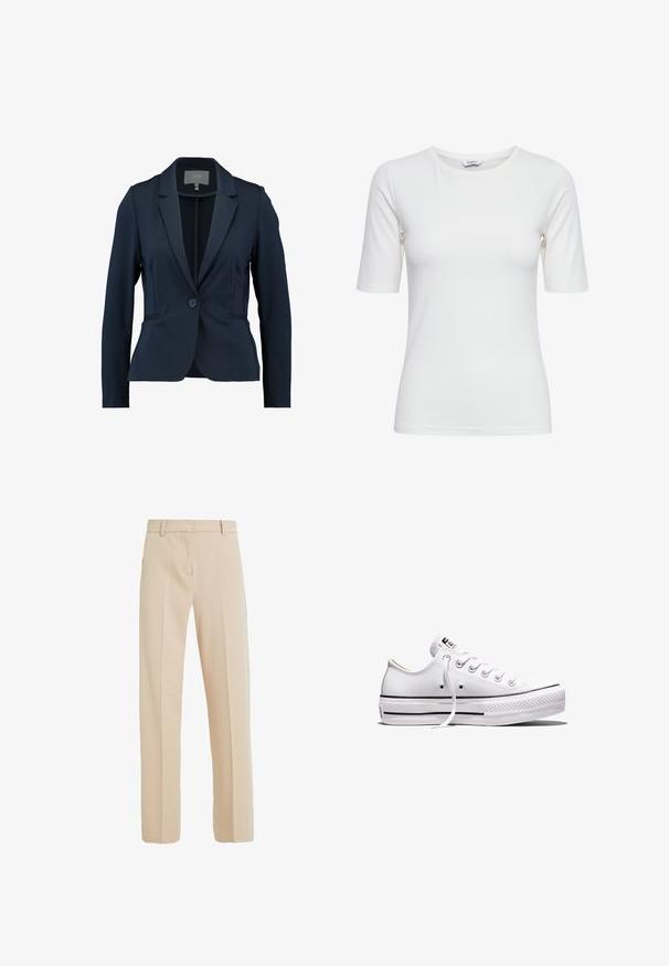 Marineblauer Blazer aus glattem Stoff, mit einem enkeltastenverschluss, Reverskragen und zwei vorderen Taschen. Taillierte Passform.; Weißes, kurzärmeliges T-Shirt mit Rundhalsausschnitt, figurbetont, mit glatter Textur und ohne sichtbare Muster oder Logos.; Beige maßgeschneiderte Hose aus glattem Stoff, mit geradem Beinanschnitt, seitlichen Taschen und Bügelfalten auf der Vorderseite.; Weißer Sneaker aus Segeltuch mit niedrigem Schnitt, weißen Schnürsenkeln, Gummisohle, schwarzen Streifendetails und Logopatch auf der Zunge und Ferse.