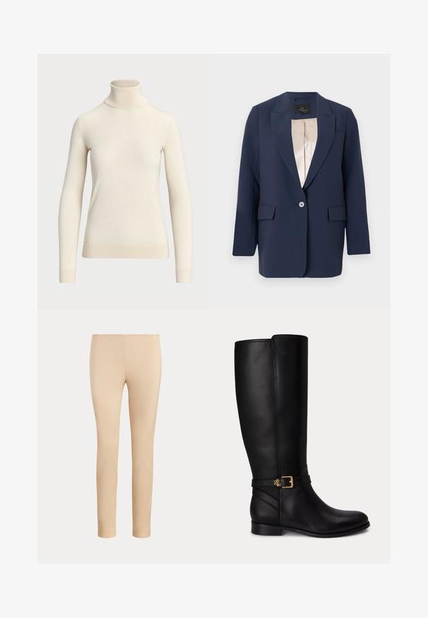 Marineblauer Ein-Knopf-Blazer mit Kerbkragen, Pattentaschen und beigem Satin-Futter, vor schlichter Hintergrund angezeigt.; Cremfarbener Rollkragenpullover aus weichem Stoff, mit langen Ärmeln und tailliertem Design. Mit kleinem goldenen Logo am Saum.; Beige, figurbetonte, knöchellange Hose mit glatter Oberfläche und ohne sichtbare Taschen oder Verzierungen auf einfarbigem Hintergrund.; Schwarzer kniehoher Lederstiefel mit niedrigem Absatz, goldener Schnalle und kleinem eingeprägtem Logo am Seitengurt.