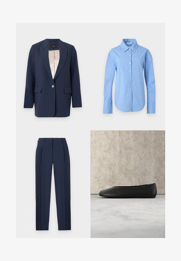 Marineblå blazer med enkelt knap, hakkede revers, klaplommer og beige satinfor, vist mod en ensfarvet baggrund.; Blå og hvid langærmet skjorte med lodrette striber, knapper foran, spids krave og brede manchetter.; Marineblå skræddersyede bukser med forreste læg, bæltestropper og lige ben, vist mod en hvid baggrund.; Sorte læder balletflade med en rund tå, glat tekstur og en gulds logoaccent på siden. Placeret over en reflekterende overflade.
