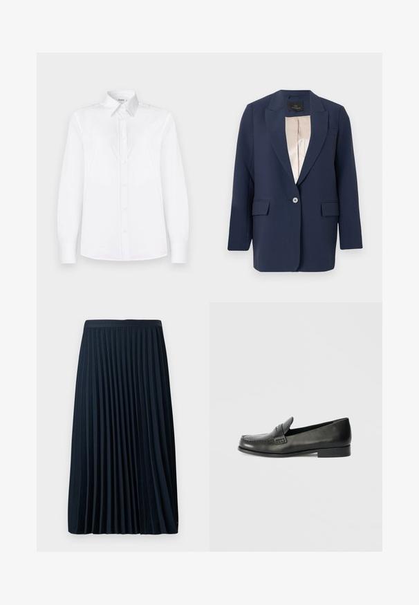 Marineblå blazer med enkelt knap, hakkede revers, klaplommer og beige satinfor, vist mod en ensfarvet baggrund.; Hvid langærmet skjorte lavet af glat stof, med krave og en knaplukning foran med lyserøde knapper.; Fryse navy nederdel med en struktureret talje, lavet af et glat stof, med jævnt fordelt lodrette frynser og en længde til midt på læggen.; Sorte læder loafers med en rund tå, forhøjede syningsdetaljer og en lav, stablet hæl. Glat tekstur med en subtil glans.