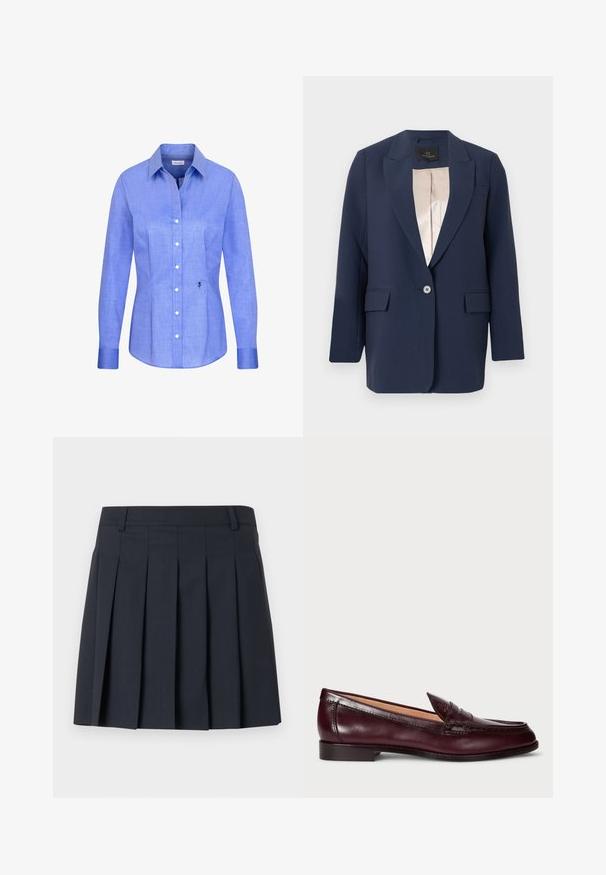 Marineblå blazer med enkelt knap, hakkede revers, klaplommer og beige satinfor, vist mod en ensfarvet baggrund.; Lyseblå langærmet skjorte med knapper, spids krave og lille sort broderet rose nederst til højre foran.; Mørkeblå plisseret nederdel med flad linning, lavet af glat stof. Har flere lodrette plisser og et skræddersyet design.; Bordeaux lær loafers med en glat finish, rund tå, dekorativ syning og en lav hæl. Indersiden har en blød beige foring.
