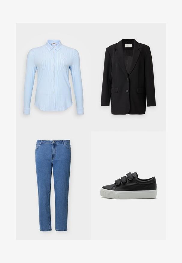 Μαύρο σακάκι με δομημένο σχέδιο, κλείσιμο με ένα κουμπί, δύο μπροστινές τσέπες και απαλό εσωτερικό φόδρα. Ραμμένο σε εφαρμοστή γραμμή με καφέ καπάκια.; Ανοιχτό μπλε πουκάμισο με μακρύ μανίκι, διαθέτει κατακόρυφες λευκές ρίγες, κλείσιμο με κουμπιά, κλασικό γιακά και ένα μικρό λογότυπο στο στήθος.; Μπλε τζιν παντελόνι με μπροστινό κουμπί και φερμουάρ, κλασικός σχεδιασμός με πέντε τσέπες, ίσια κοπή στο πόδι, απλωμένο επίπεδα σε λευκό φόντο.; Μαύρο δερμάτινο sneaker με τρία ρυθμιζόμενα Velcro λουριά, λευκή καουτσούκ σόλα και ρυτιδωτή υφή κατά μήκος της άκρης της σόλας.
