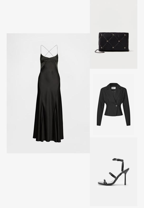 Blazer negro a medida con un solo botón, solapas afiladas y mangas largas. Presenta un corte estructurado y un bolsillo en el pecho.; Vestido de satén negro tipo slip con finas tirantes cruzados en los hombros, silueta en línea A y textura suave y fluida. Diseño de largo hasta el suelo.; Sandalias de tacón alto de charol negro con tres tiras horizontales y una correa en el tobillo ajustable. Silueta elegante y acabado brillante.; Clutch de satén negro acolchado con tachuelas piramidales plateadas, correa de cadena, forma rectangular y textura suave. Dimensiones de 10 cm x 18 cm x 4 cm.