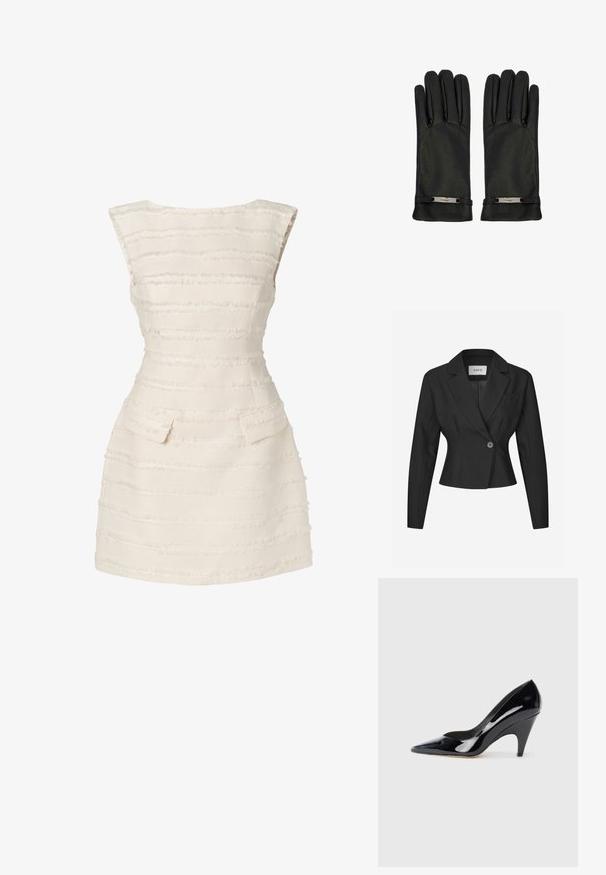 Sort skræddersyet blazer med en enkelt knap, skarpe revers og lange ærmer. Har en struktureret pasform og en brystlomme.; Hvid kjole med vertikale teksturerede striber, tætsiddende design, scoop halsudskæring og to små forlommer.; Sorte patentlæder højhælede sko med spids tå og buet hæl, der har en glat, reflekterende overflade.; Sorte læderhandsker med en glat tekstur, der har et elegant design og en metaldekoration ved håndleddet for ekstra detalje.