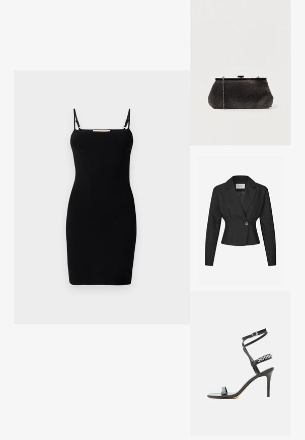 Sort skræddersyet blazer med en enkelt knap, skarpe revers og lange ærmer. Har en struktureret pasform og en brystlomme.; Sort ribbet strikket kjole med tynde justerbare stropper og lige udskæring. Tæt pasform, minimalistisk design og ingen synlige mønstre eller accenter.; Sort højhælet sandal med tynd ankelrem, midtfodsrem dekoreret med sølvkædeled og åben tå-design.; Sort mesh clutch-taske med en struktureret silhuet, prydet med små metalstuds, har en låsemekanisme og en aftagelig kæderekke.