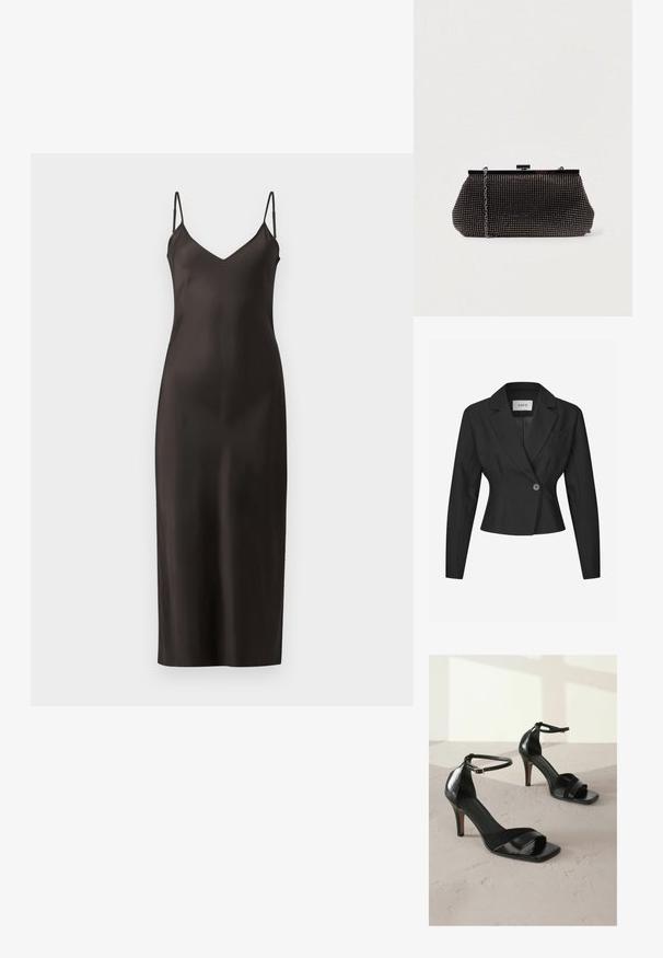 Veste noire sur mesure avec un bouton unique, des revers aiguisés et de longues manches. Présente une coupe structurée et une poche poitrine.; Robe longue en satin noir avec des bretelles fines et ajustables, décolleté en V et une silhouette droite. Texture lisse et design minimaliste.; Next REGULAR FIT - SIGNATURE - Sandales à talons hauts - black; Pochette noire en mesh avec une silhouette structurée, ornée de petits clous métalliques, dotée d'une fermeture à clip et d'une bandoulière en chaîne détachable.