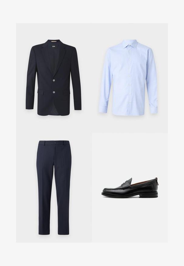 Marineblazer mit Schößchen, zwei vorderen Taschen, zwei silbernen Knöpfen und strukturiertem Stoff. Futter mit subtilm Muster.; Hellsblaues Langarmhemd mit kariertem Muster, Knopfleiste, spitzen Kragen und subtiler Textur. Taillierte Passform mit geknöpften Manschetten.; Marineblaue Hose aus glattem Stoff, mit geradem Schnitt, Gürtelschlaufen und einem einzigen Knopfverschluss an der Taille.; Schwarzer Leder-Herrenschuh mit Mokassinnaht, Penny-Riemen, strukturiertem Kragen und niedrigem gestapeltem Absatz auf weißem Hintergrund.