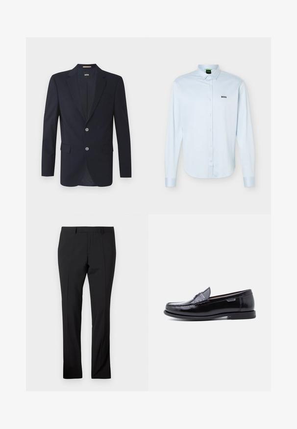 Marineblazer mit Schößchen, zwei vorderen Taschen, zwei silbernen Knöpfen und strukturiertem Stoff. Futter mit subtilm Muster.; Hellblaues langärmliges Hemd mit Knopfleiste und Kragen, schwarzem "BOSS"-Logo auf der linken Brust und geknöpften Manschetten.; Schwarze maßgeschneiderte Hose mit Gürtelschlaufen, vorderer Bügelfalte und geradem Beinaufschnitt auf einem schlichten weißen Hintergrund.; Schwarze Leder-Loafer mit glänzendem Finish, mit einer gesteppten Verzierung auf der Zehenpartie und einer niedrigen, strukturierten schwarzen Gummisohle.
