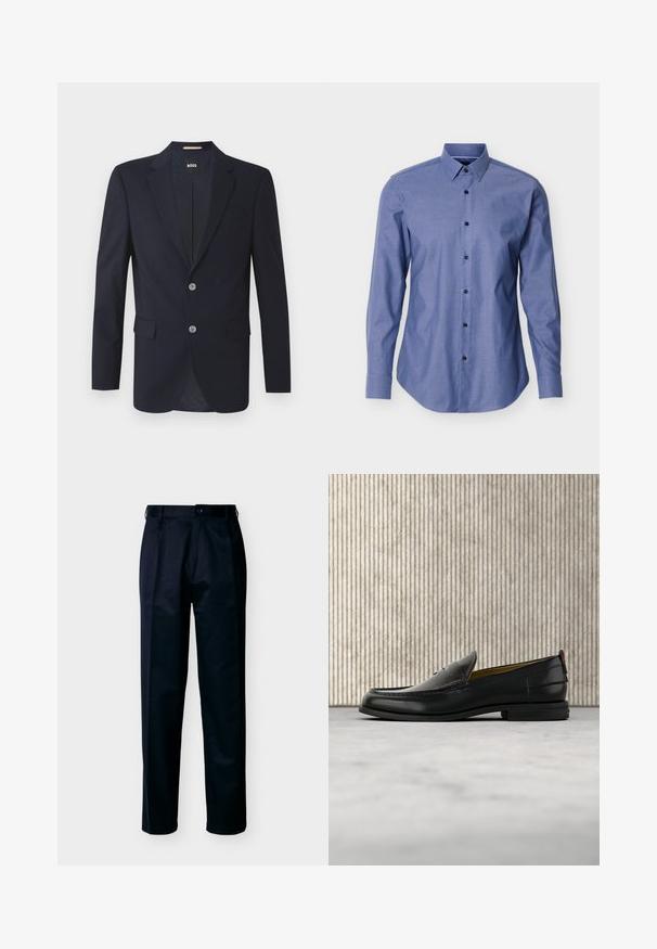 Blazer marine avec un revers cranté, deux poches avant, deux boutons en argent et un tissu texturé. L'intérieur doublé présente un motif subtil.; Chemise bleue à manches longues avec un col pointu et des boutons noirs sur le devant, présentée sur un fond blanc.; Pantalon homme droit noir avec fermeture à bouton et zip, passants pour ceinture et poches avant, présenté sur fond blanc.; Mocassin pour homme en cuir noir avec un dessus embossé effet croco et un petit talon, présenté de profil sur un fond neutre.