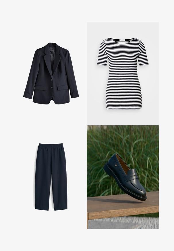 Schwarzer maßgeschneiderter Blazer mit zwei Knöpfen, Spitzenrevers und Klappentaschen vorne, dargestellt auf weißem Hintergrund.; Schwarz-weißer gestreifter Kurzarm-Top mit Bootsausschnitt, taillierter Silhouette und weichem, glattem Stoff. ; Marineblaue Hose aus glattem Stoff, mit elastischem Bund, zwei Seitentaschen und einem entspannten Schnitt mit geraden Beinen.; Schwarzer Lederloafer, der über einer Holzbank mit hohem grünem Gras im Hintergrund schwebt.