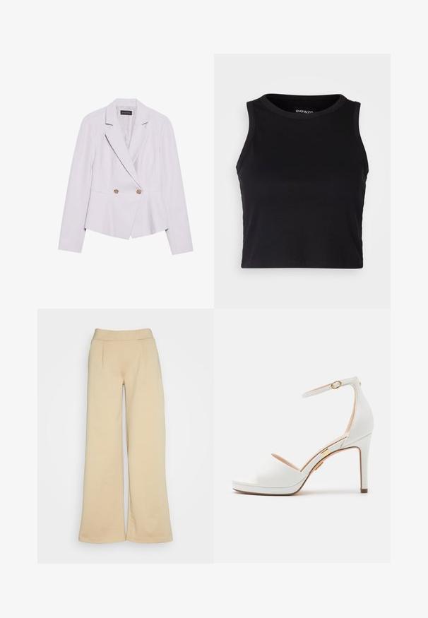 Helles Lavendel-Blazer mit taillierter Passform, Reverskragen, doppelreihigem Design und goldenen Knopfakzenten, ausgestattet mit einem strukturierten Stoff.; Schwarzes, geripptes Cropped Tanktop mit rundem Ausschnitt und ärmellosem Design. Hergestellt aus weichem, dehnbarem Material, mit sauberen, gekettelten Kanten.; Beige weite Hosen mit glatter Textur, die einen hohen Bund und zwei Vorderfalten für zusätzlichen Design-Detail aufweisen.; Weiße Sandale mit hohem Absatz, Knöchelriemen und offenem Zehenbereich, mit dünner goldener Schnalle und schlankem Stilettoabsatz.