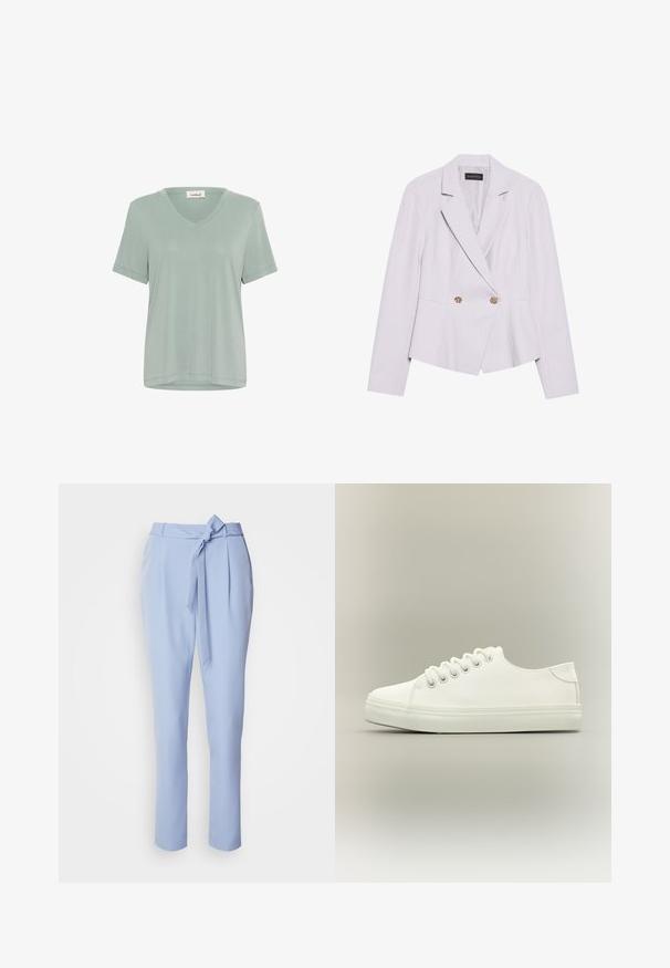 Helles Lavendel-Blazer mit taillierter Passform, Reverskragen, doppelreihigem Design und goldenen Knopfakzenten, ausgestattet mit einem strukturierten Stoff.; Weiches, hellgrünes T-Shirt mit V-Ausschnitt und kurzen Ärmeln. Hergestellt aus glattem Stoff, mit lockerer Passform und minimalen Nähten.; Helle blaue, maßgeschneiderte Hose aus glattem Stoff, mit schmal zulaufenden Beinen und einem vorderen Bindeband in der Taille. Verfügt über seitliche Taschen.; Weißer Low-Top-Sneaker mit weißen Schnürsenkeln und Gummisohle, seitlich auf neutralem Hintergrund dargestellt.