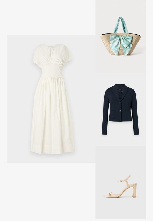 Tmavomodré prispôsobené sako s dvoma gombíkmi, dvoma prednými vreckami a zárezovým golierom.; Faithfull the brand AUVE MIDI DRESS - Maxi šaty - white; Béžové sandále na vysokom opätku s remienkom na členku a zlatou prackou, otvorená špička a blokový opätok na bielom pozadí.; Pletená slamenná taška cez rameno so širokými svetlomodrými a bielymi madlami z batikovej látky a veľkou veľkou látkovou mašľou vpredu.