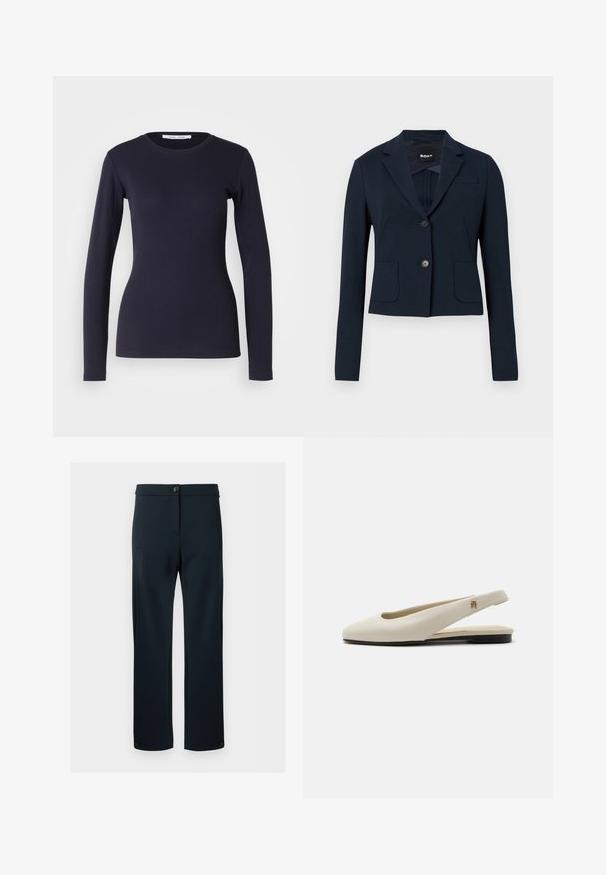 Blazer bleu marine ajusté avec deux boutons, deux poches avant et col à revers cranté.; T-shirt à manches longues navy en coton doux. Présente un col rond, une coupe ajustée et une texture côtelée. Design simple et uni.; Pantalon bleu marine à jambes droites avec fermeture par boutons à la taille et boutons aux bas des manches, avec poches avant.; Chaussure plate slingback en cuir couleur crème avec un bout arrondi et un petit emblème doré sur la bride.