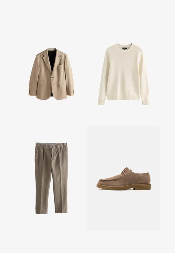Beige enkele rij knopen blazer met inkeping revers, twee knopen, drie voorzakken en vier knopen op elke manchet, open om de zwarte voering te tonen.; Roomkleurige lange mouw gebreide trui met geribde ronde hals, manchetten en zoom, medium maat label van het merk Next.; Khaki chino's gemaakt van lichtgewicht katoen, met een rechte pijp, voorplooien, een knoopsluiting en twee zijzakken.; Zign LEATHER - Sportieve veterschoenen - taupe