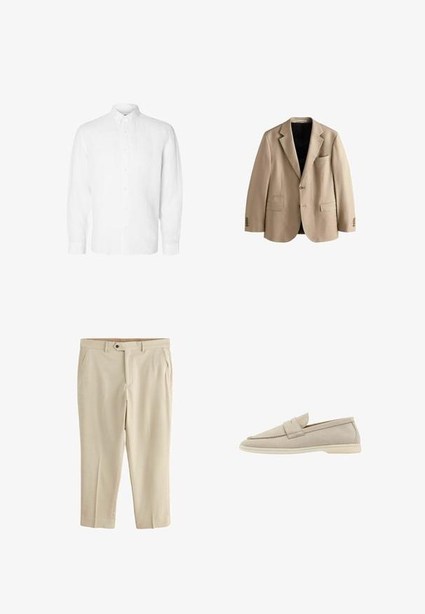 Blazer beige de un solo pecho con solapas de muesca, dos botones, tres bolsillos delanteros y cuatro botones en cada puño, abierto para mostrar el forro negro.; Camisa blanca de manga larga hecha de lino, con cuello abotonado, botones en el frente y un ajuste relajado con puños rectos.; Pantalones beige de corte recto con textura, trabillas para cinturón, botón delantero, cremallera y bolsillos laterales inclinados.; Zapato slip-on de ante beige con puntera redondeada, banda decorativa en la parte frontal y suela de goma ligera. Textura suave y diseño minimalista.