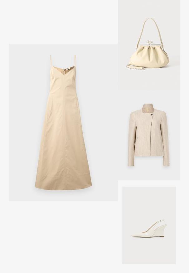Blazer pour femme en lin beige avec col droit, fermeture par un seul bouton noir près de l'encolure et manches longues.; Robe longue beige sans manches avec fines bretelles, décolleté en V et corsage cintré, étalée à plat sur un fond blanc.; Chaussure compensée slingback pour femme couleur crème brillante, avec bout pointu et bride réglable à boucle.; Sac à main en cuir souple couleur crème avec un design froncé, fermoir cadre argenté, poignée courte et bandoulière chaîne amovible.