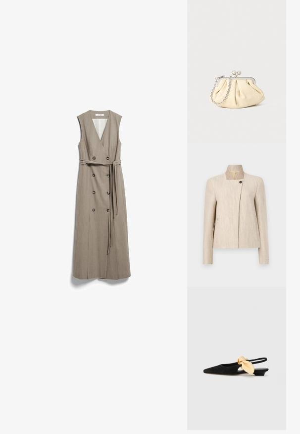 Blazer pour femme en lin beige avec col droit, fermeture par un seul bouton noir près de l'encolure et manches longues.; Robe midi beige sans manches avec col en V, boutons double boutonnage et ceinture assortie en tissu nouée à la taille.; NEOUS UBA - Ballerines à brides arrière - black; Pochette en cuir beige plissé avec un cadre en métal argenté, dotée de deux fermoirs ronds décoratifs et d'une chaîne en argent.