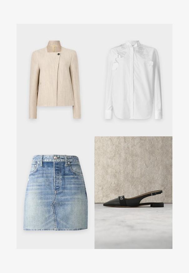 Beige hørkvindeblazer med opretstående krave, enkelt sort knaplukning nær halsudskæringen og lange ærmer.; Hvid langærmet skjorte i bomuld med ståkrave. Har lagdelte flæse-accents på skuldrene og knaplukning foran.; Denimnederdel i lyseblå vask, med høj talje og tætsiddende design, frynset kant og klassisk fem-lomme-stil. Søjlehardware i sølv.; Sort slingback-flad sko med spids tå, glat lædertekstur, elastisk rem med "VALENTINO"-logo, lav blokhæl.