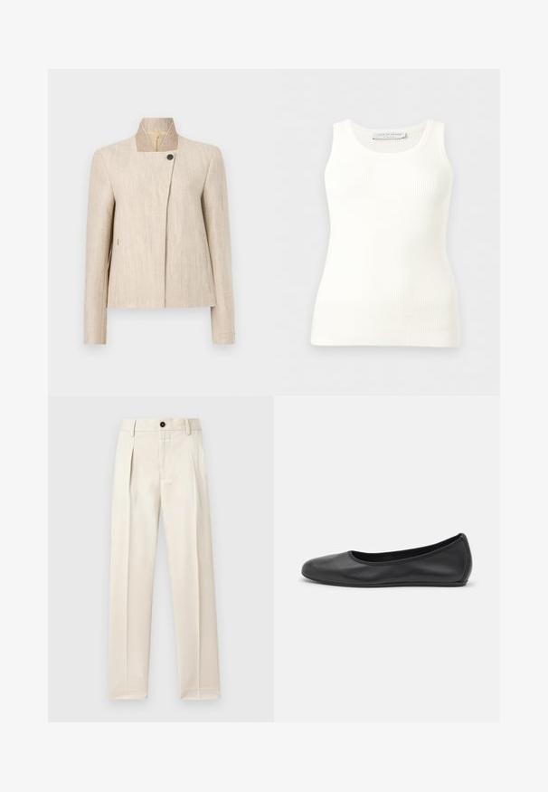 Blazer pour femme en lin beige avec col droit, fermeture par un seul bouton noir près de l'encolure et manches longues.; Débardeur blanc côtelé sans manches avec encolure ronde, coupe ajustée, et étiquette de la marque à l'intérieur du col arrière.; Pantalon beige en tissu léger, avec un devant plissé, une fermeture à un bouton et des jambes droites. Texture lisse.; Ballerines en cuir noir avec un bout rond, texture lisse, détails de couture minimalistes et design de semelle flexible.