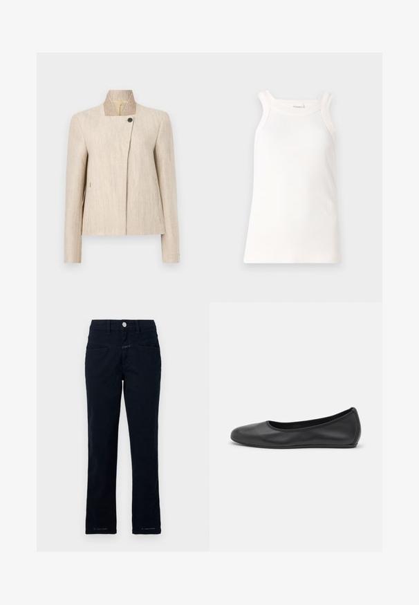 Beige hørkvindeblazer med opretstående krave, enkelt sort knaplukning nær halsudskæringen og lange ærmer.; Hvid ribbet tanktop med rund halsudskæring og brede stropper. Har en subtil logo detalje i kanten. Blødt stof med en tætsiddende pasform.; Mørkeblå bukser lavet af strækbomuld med lige ben-design, forlommer og knaplukning i taljen.; Sort læderballetsko med rund tå, glat tekstur, minimal syning og et fleksibelt såldesign.