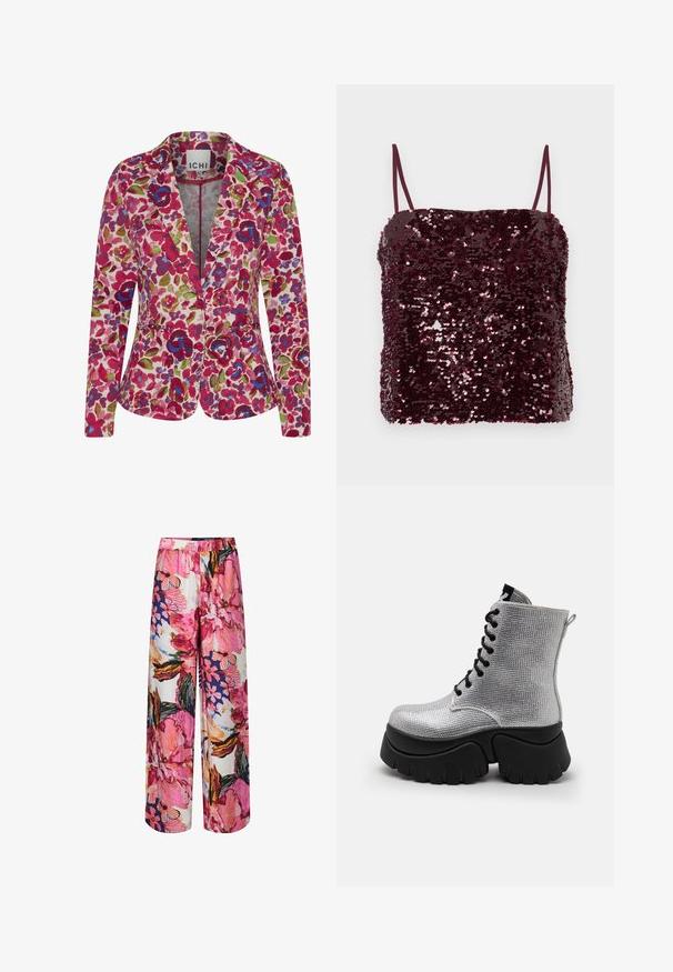 Blazer floral en tissu rose avec de vibrantes fleurs multicolores, un col cranté et une silhouette ajustée avec deux poches avant.; Haut bordeaux à sequins avec fines bretelles spaghetti ; forme rectangulaire avec une coupe légèrement ample ; texture brillante grâce à des centaines de petits sequins.; YAS YASDELPHI - Pantalon classique - sachet pink; Bottines métalliques argentées avec une surface texturée, semelle épaisse noire et design à lacets. Comprend une languette à l'arrière pour faciliter l'enfilage.