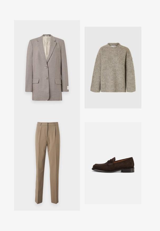 Blazer simple boutonné avec un motif pied-de-poule noir et blanc, deux boutons, revers crantés, poches à rabat et doublure intérieure beige.; Pull en tricot surdimensionné couleur marron clair, fabriqué en matériau doux, avec un col ras du cou et des épaules tombantes. Présente une finition texturée et des manches longues.; Pantalons tailleur marron en tissu lisse, présentant une coupe droite, des plis avant et une taille avec passants de ceinture.; Mocassin en daim marron avec un bout rond, une couture décorative et un petit talon noir. Intérieur lisse pour le confort.