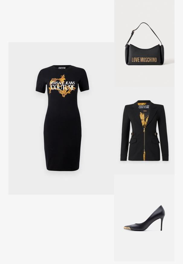 Sort tætsiddende blazer med for af guld barokmønster, frontlynlås, hakkede revers, detaljer med sidestropper og klaplommer.; Sort tætsiddende kjole med korte ærmer, som har et guld- og hvidt "VERSACE JEANS COUTURE" logo samt detaljerede guldmønstre på forsiden.; Sort læder højhælet pumpe med spids snude, guldmetalspids indgraveret med "Versace Jeans Couture," vist fra siden på hvid baggrund.; Sort Moschino håndtaske med gyldent bogstav og kort skulderrem på hvid baggrund.