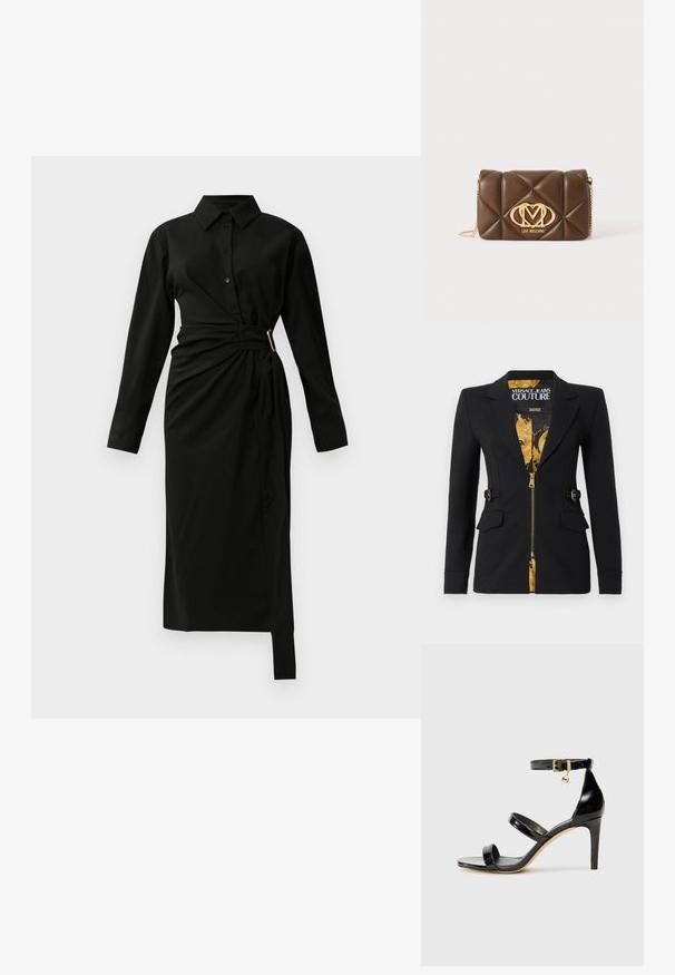 Blazer noir cintré avec doublure à motif baroque doré, fermeture éclair avant, revers crantés, détails avec boucles sur les côtés et poches à rabat.; Robe chemise midi noire à manches longues avec col, bouton sur le devant et un drapé asymétrique à la taille maintenu par une boucle dorée sur le côté droit.; Sandale en cuir verni noir avec trois brides, boucle de cheville et talon aiguille de 10 cm. Présente un détail en métal doré et un charm logo.; Sac à bandoulière en cuir matelassé marron avec bandoulière chaîne dorée et logo Love Moschino doré sur le devant au centre.