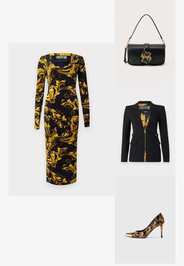 Sort tætsiddende blazer med for af guld barokmønster, frontlynlås, hakkede revers, detaljer med sidestropper og klaplommer.; Sort langærmet kjole med en tætsiddende silhuet, der har gyldne blomsterdesigns og en firkantet halsudskæring, lavet af glat stof.; Spidse højhælede sko med en glossy sort overflade, prydet med gyldne blomster mønstre og en metallisk guldkappe på tåen.; Sort skuldertaske i læder med guldfarvet dobbelt slange-lås og "Just Cavalli" logo på frontklappen.