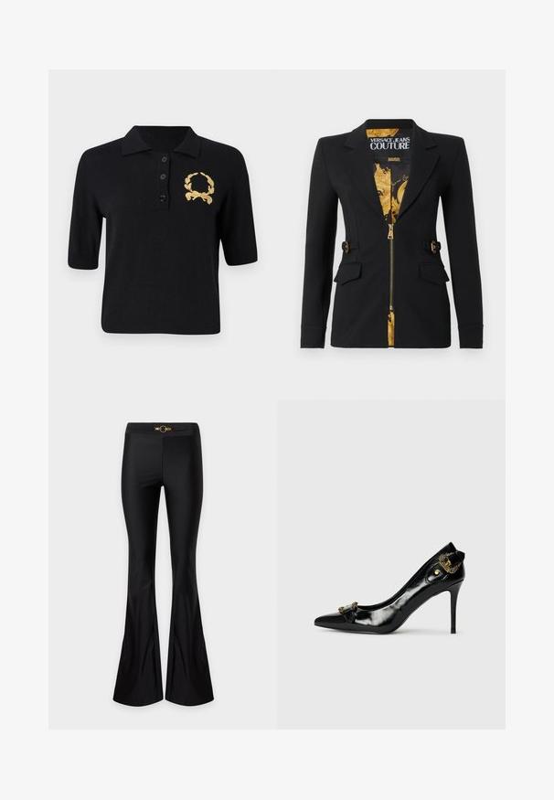 Sort tætsiddende blazer med for af guld barokmønster, frontlynlås, hakkede revers, detaljer med sidestropper og klaplommer.; Sort kortærmet polo-shirt lavet af blødt stof, med krave, tre knapper og et guld laurbærkrans emblem på venstre bryst.; Sorte bukser med høj talje og vidde, med slank pasform og lille gyldent dekorativt spænde i taljen, vist på en ensfarvet baggrund.; Sorte laklæder højhælede sko med spidse tæer, en sløjfedetalje foran og en dekorativ accent i guldtonet metal bagpå.