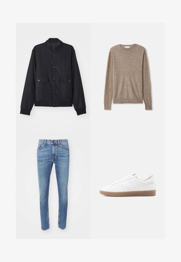 Marineblå jakke lavet af blødt materiale, med høj krave, frontlukning med knapper, to brystlommer og ribbede kanter og manchetter.; Beige sweater lavet af fint strikket materiale. Har en rund halsudskæring, lange ærmer samt ribkantede manchetter og søm. Simpelt og klassisk design.; Blå denim jeans med slim fit, fem-lommers design og subtile whiskering-detaljer. Har en knaplukning og kontrastsyninger.; Hvid lav sneaker med gummisål i naturfarve, syninger og snørebånd på neutral baggrund.