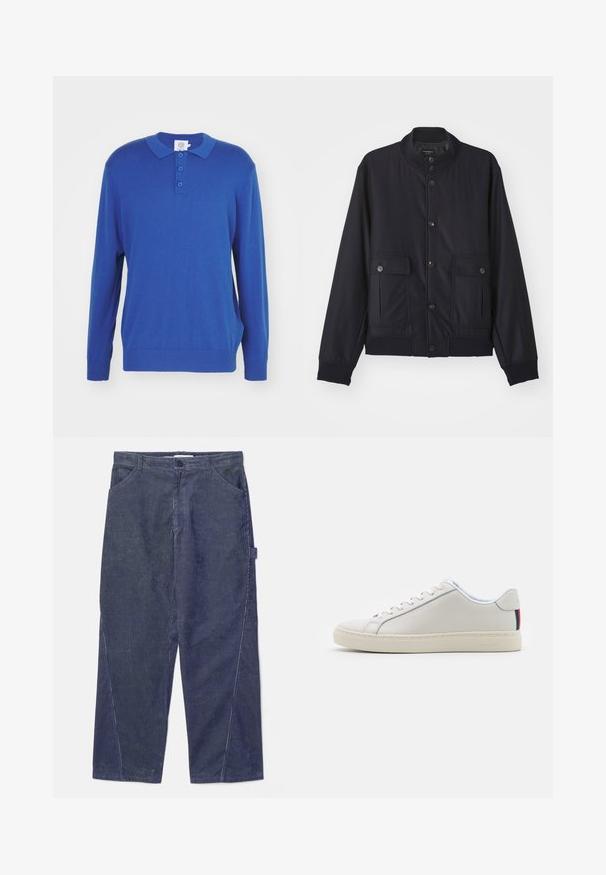 Navy blue jas van zacht materiaal, met een hoge kraag, voor een knoopsluiting, twee borstzakken en een geribde zoom en manchetten.; Blauwe polo trui met lange mouwen, een kraag, drie knopen sluiting en geribbelde manchetten en zoom. Gemaakt van een zachte gebreide stof.; WOOD WOOD WWWILSON TWISTED SEAM TROUSERS - Broek - envy green; Witte leren sneaker met een gladde textuur, ronde neus, platte zool en tonale veters. Kenmerkt zich door een kleurrijke gestreepte accent op de hiel.