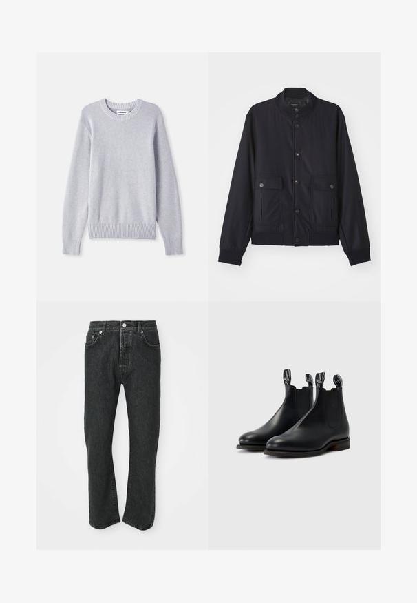 Navy blue jas van zacht materiaal, met een hoge kraag, voor een knoopsluiting, twee borstzakken en een geribde zoom en manchetten.; Lichtgrijze gebreide trui met een ronde halslijn, lange mouwen, geribbelde manchetten en onderrand, met een gestructureerd weefpatroon door de gehele trui.; Zwarte rechte denim jeans met een sluiting aan de voorkant met knoop en rits, met zichtbare voor- en achterkantzakken op een witte achtergrond.; Zwarte leren chelsea boots met elastische zijpanelen, contrasterende stiksels en bevestigtabs met het merkembleem. Platte rubberen zolen.